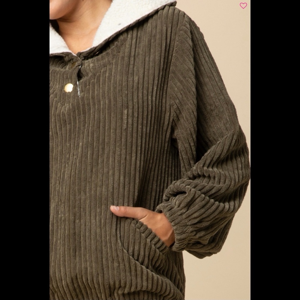 Olive green corduroy pullover jacket - Picture 6 of 7